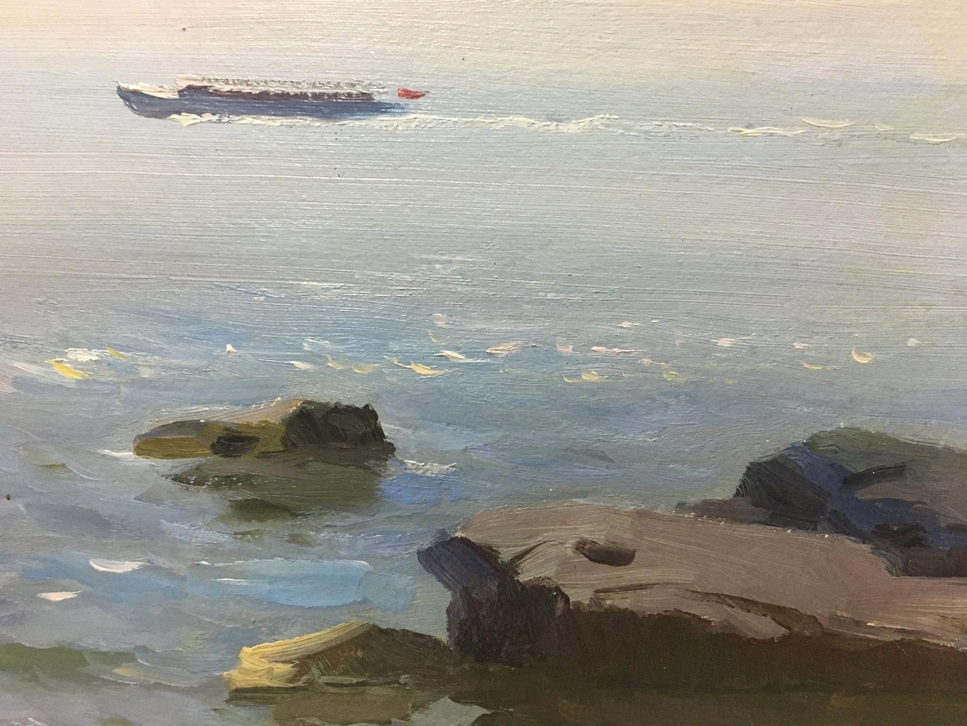 Oil painting of dark boat on calm water by rocky shores by Stepan Kalinovich Yarovoy