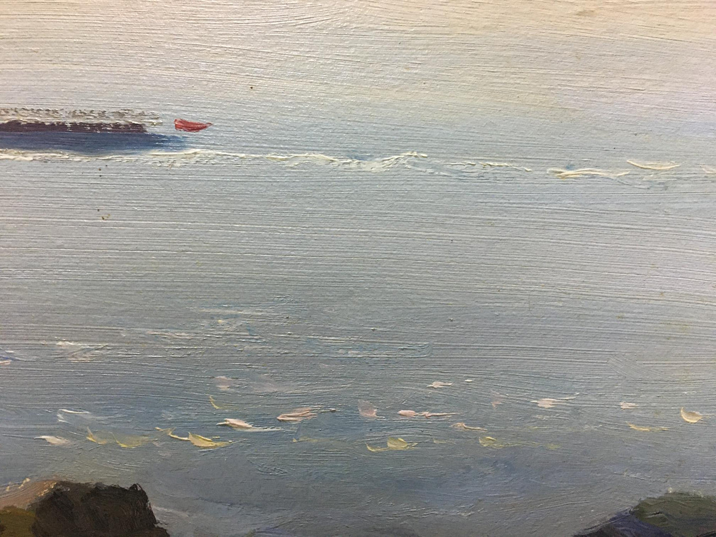 Small red boat on impressionistic shore sea by Stepan Kalinovich Yarovoy