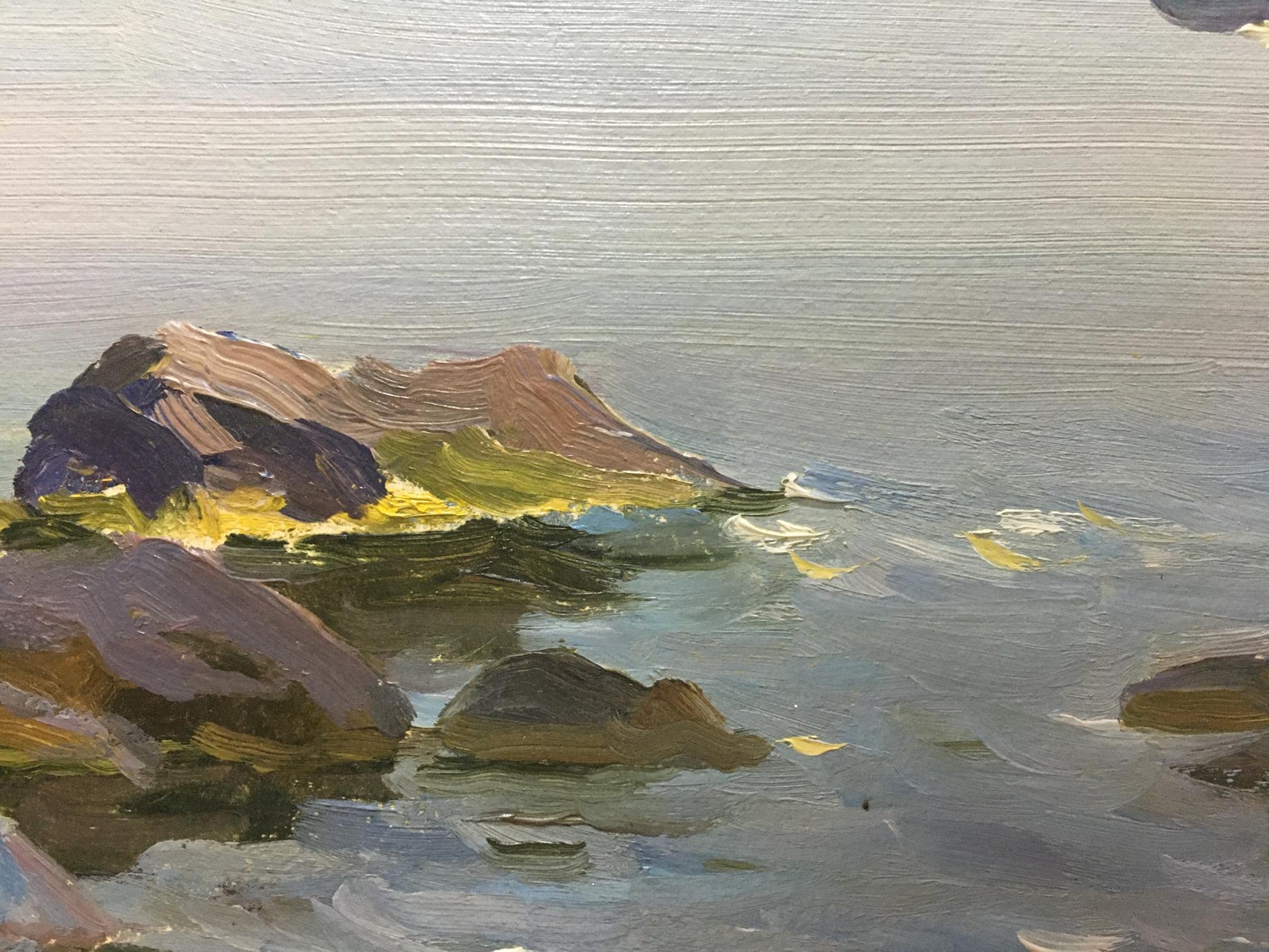 Oil painting of rugged mossy rocks in calm water by Stepan Kalinovich Yarovoy