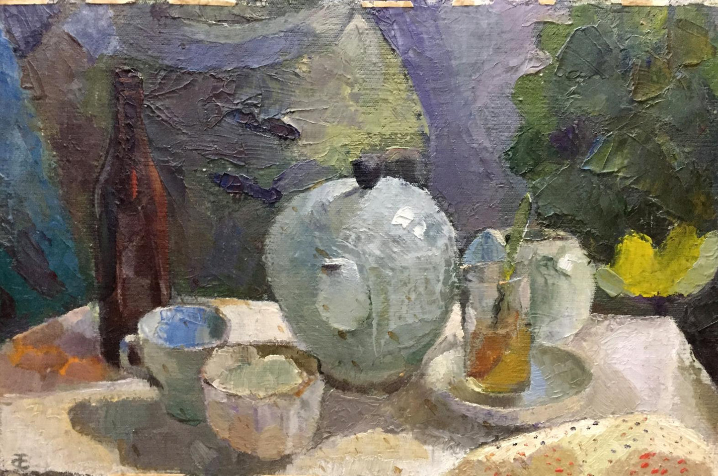 Oil painting of light green ceramic teapot with dark lid on table