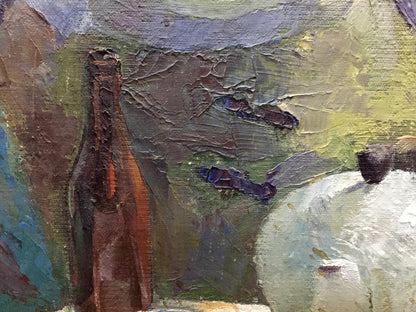 Impressionistic oil painting of textured brown glass bottle in Food and drinks on the table