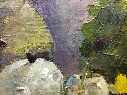 Textured impasto oil painting of food and drinks on table in green, purple, white