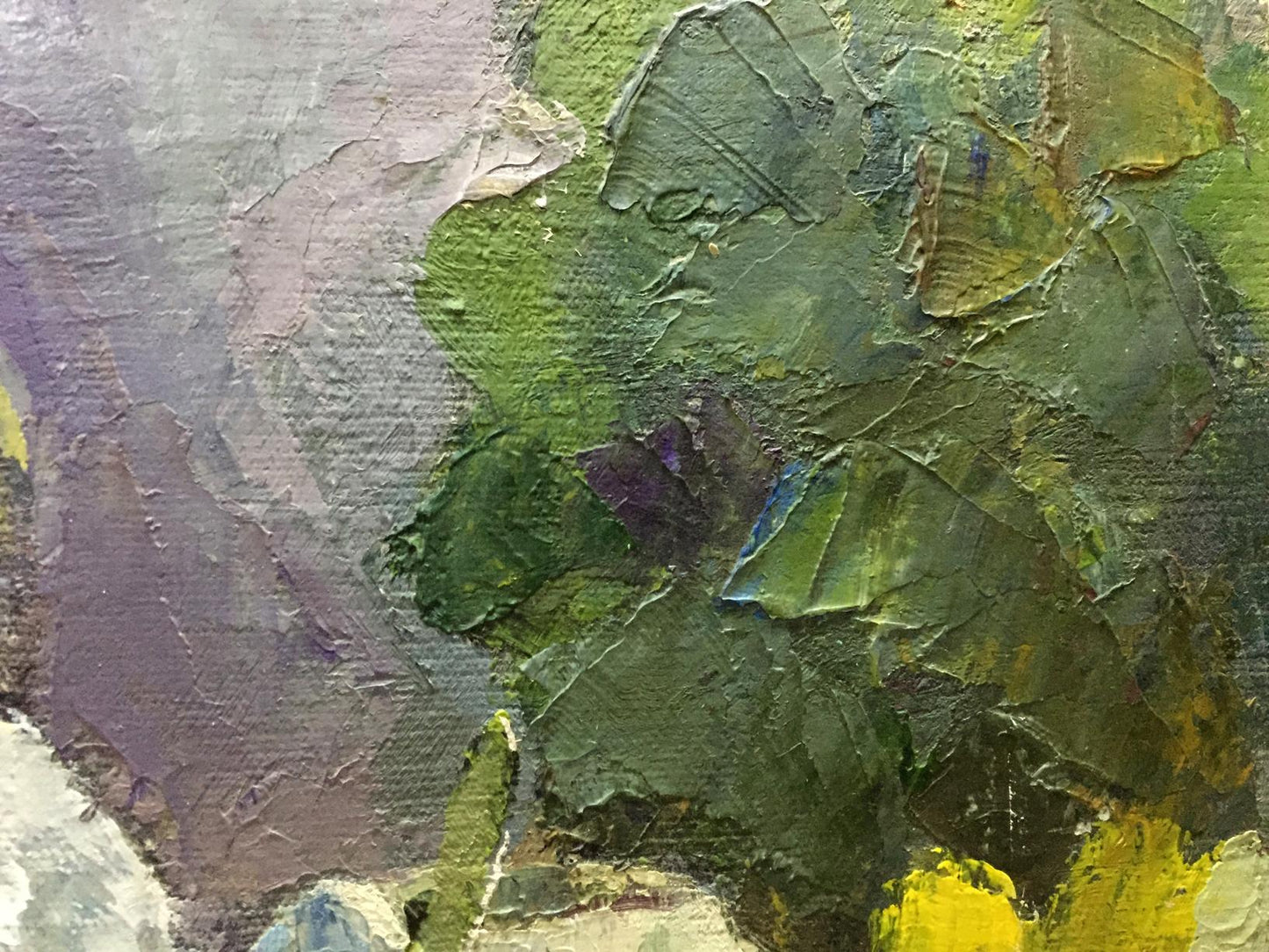 Textured impasto oil painting of food and drinks on table in green, purple, yellow