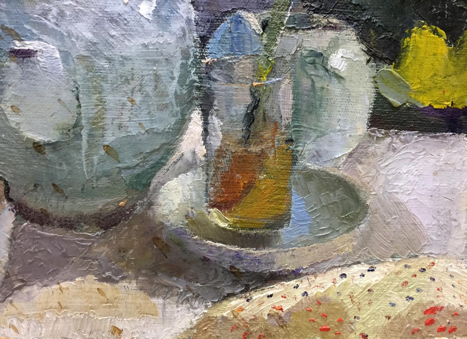 Oil painting of translucent glass tumbler with amber liquid on saucer