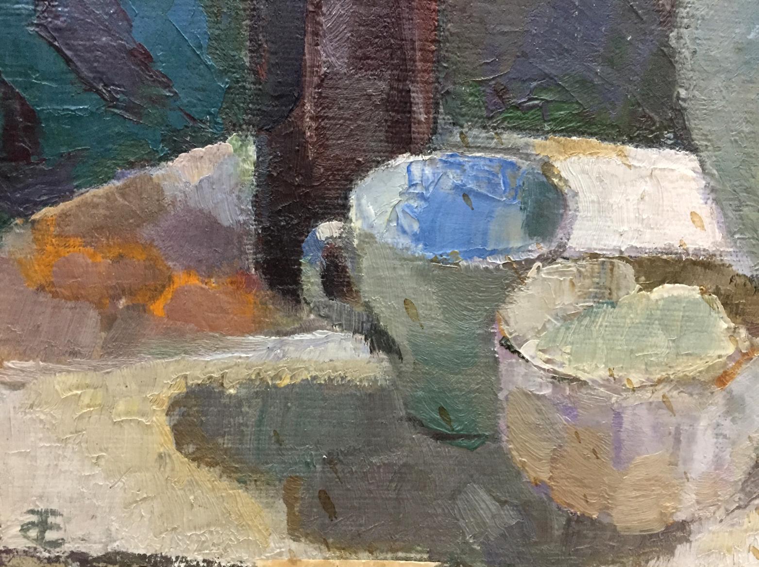 Oil painting of white ceramic cup with blue interior on table