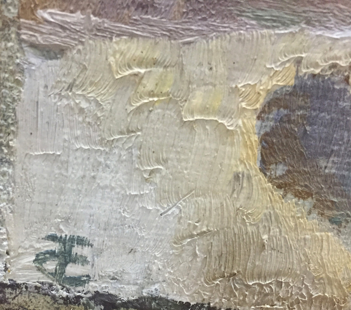 Textured impasto oil painting of food and drinks on table in cream, beige, purple