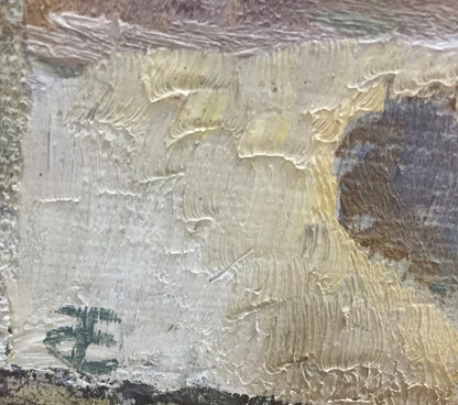 Textured impasto oil painting of food and drinks on table in cream, beige, purple