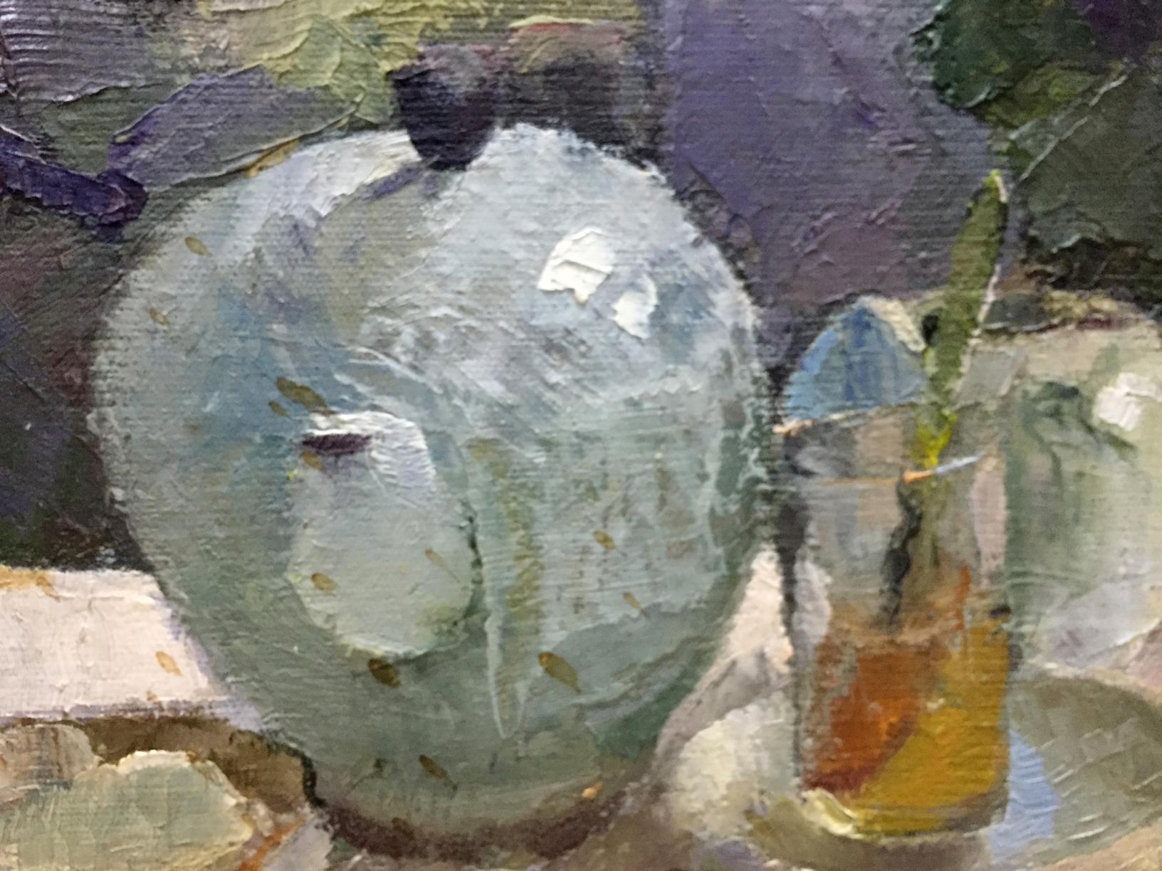 Textured light blue ceramic vase with rounded body in oil painting display