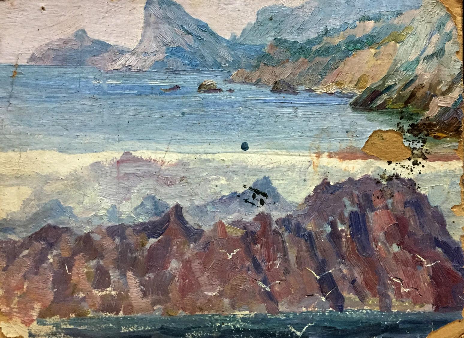 Double oil painting of castle coastal landscape with rugged cliffs, birds, sea