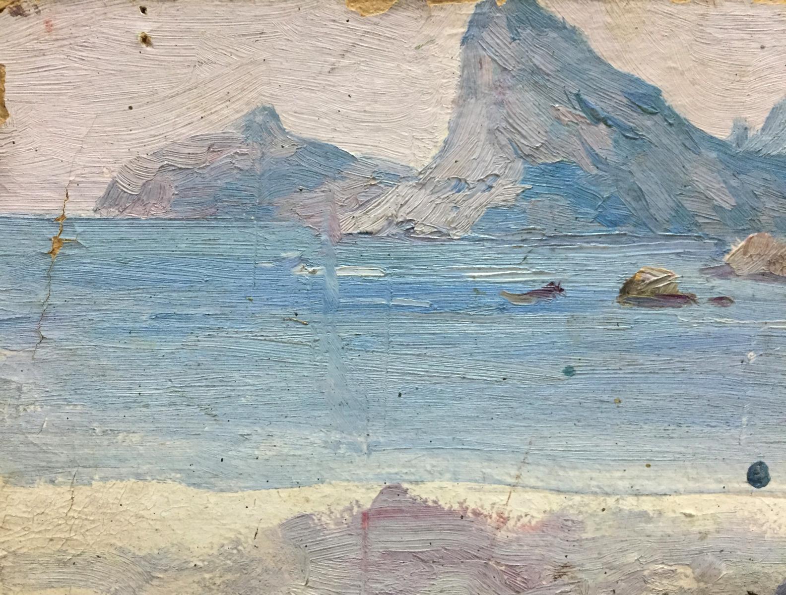 Textured oil painting of coastal castle landscape in muted blues and grays