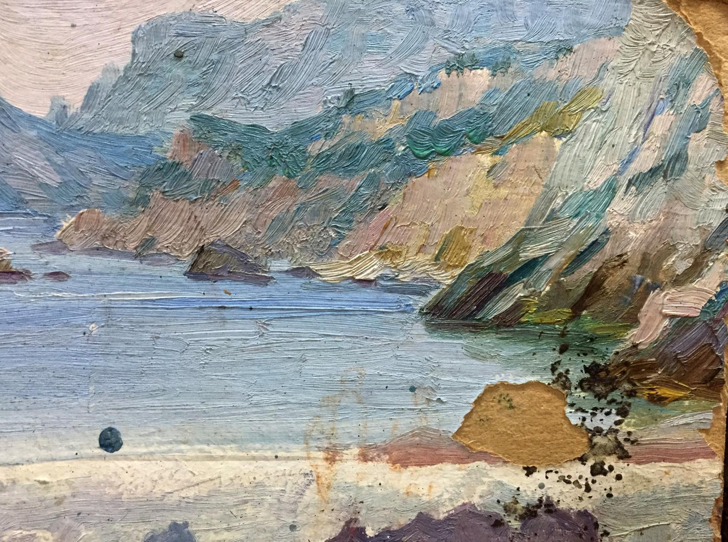 Textured double oil painting of castle coastal landscape with rugged cliffs
