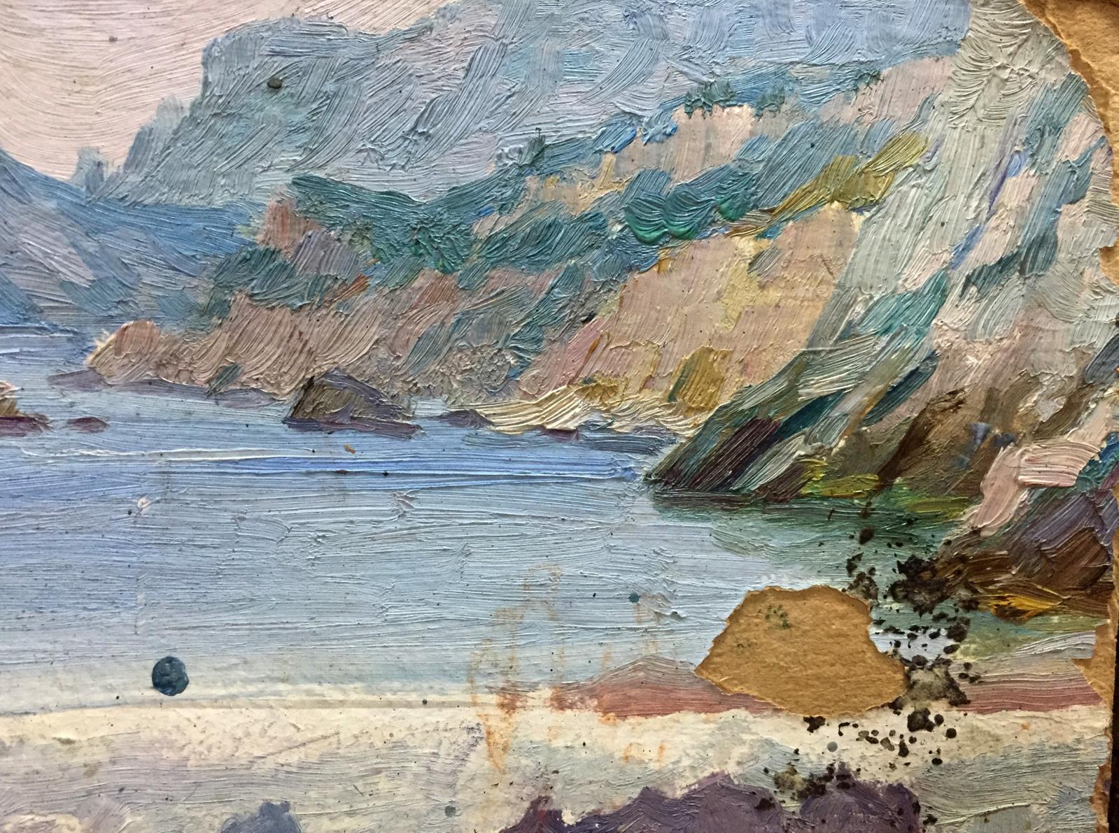 Textured double oil painting of castle coastal landscape with rugged cliffs