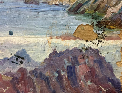 Textured oil painting of double landscapes with castle, cliffs and calm sea