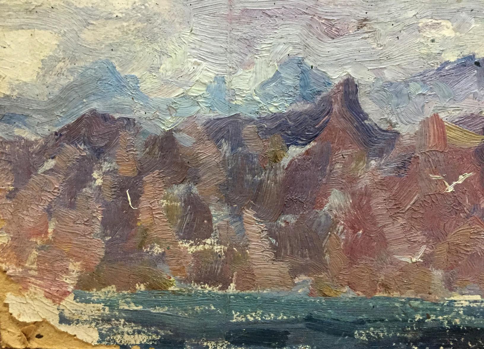 Double oil painting of rugged layered mountains in earthy tones under cloudy sky