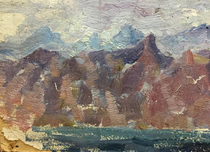 Double oil painting of rugged layered mountains in earthy tones under cloudy sky