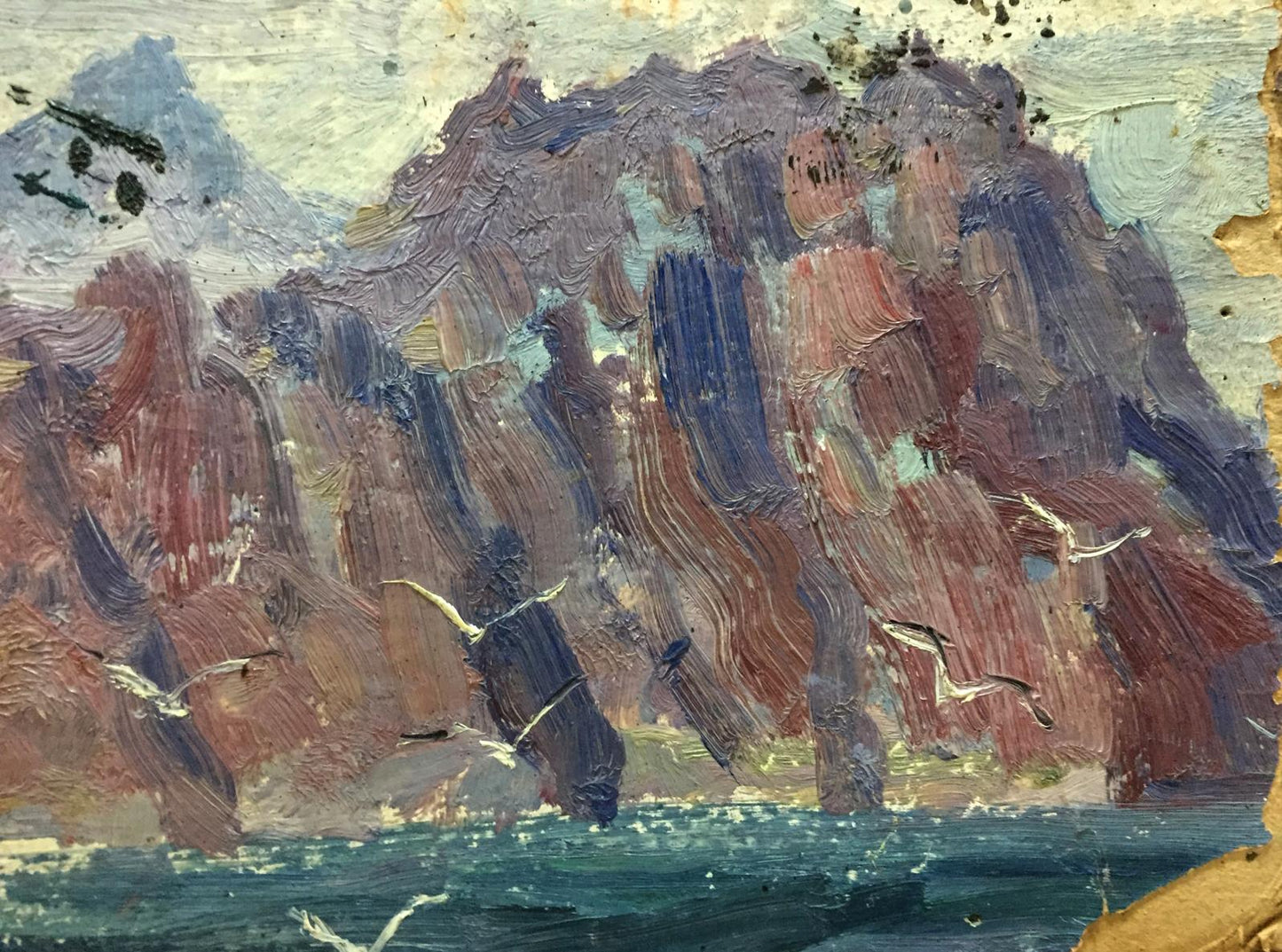 Double oil painting of rugged cliffs, castle landscape in reds, purples over blue sea