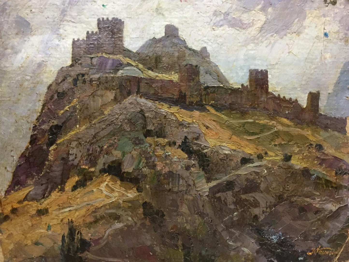 Double oil painting of weathered stone castle on rocky hillside under overcast sky