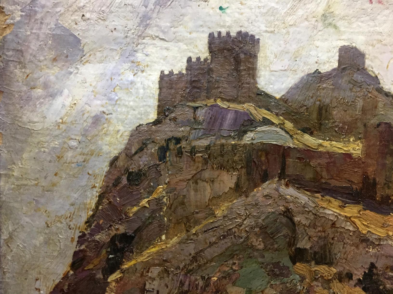 Double oil painting of rugged stone castle on cliff in earthy tones