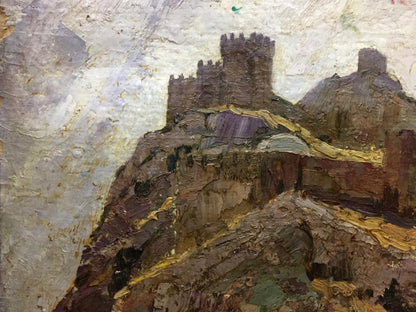 Double oil painting of rugged stone castle on cliff in earthy tones