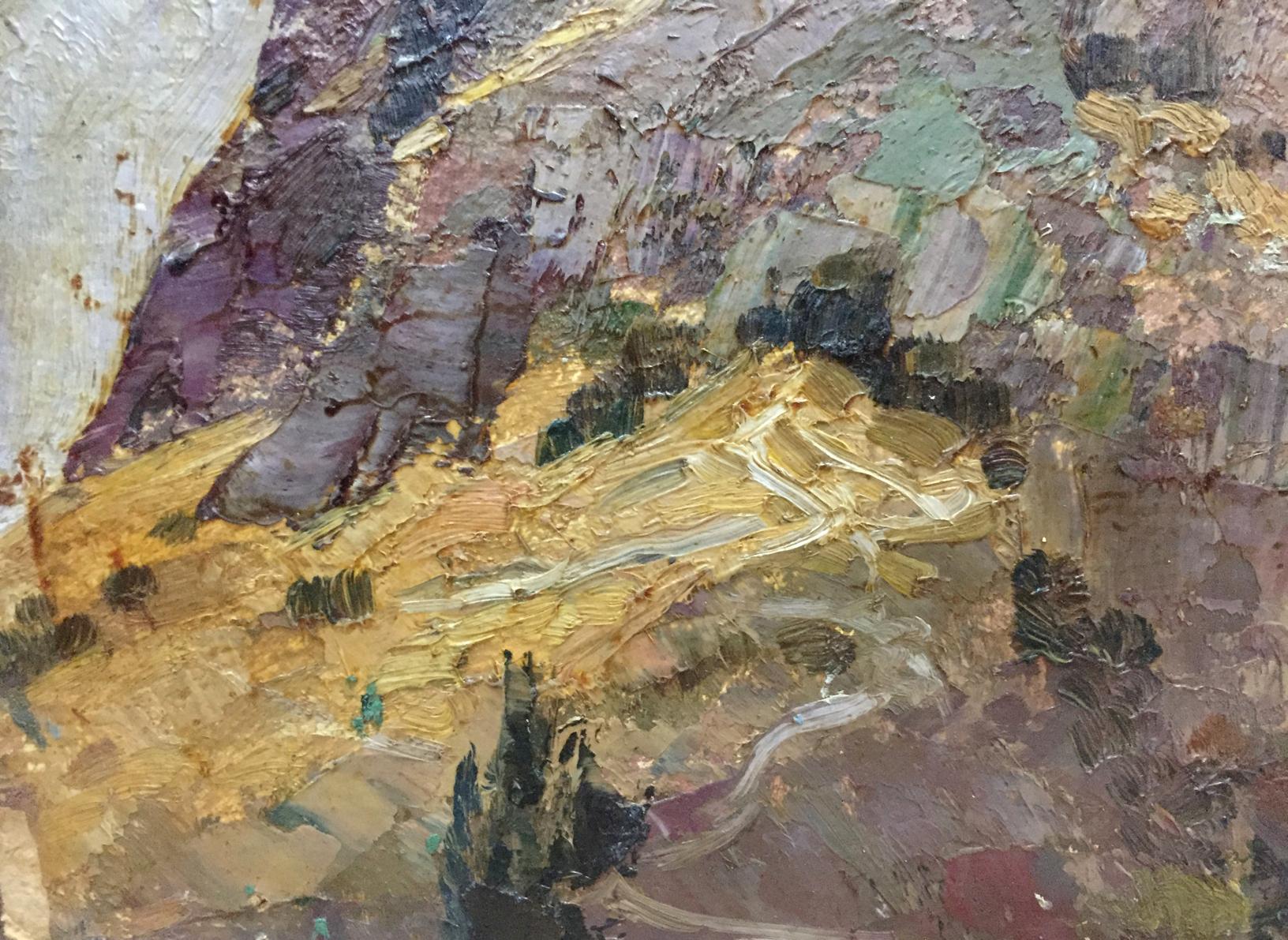Textured double oil painting of rugged castle landscape in earthy tones