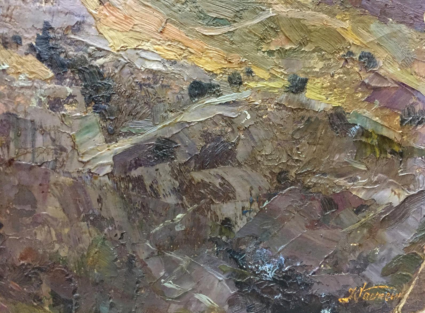 Textured impasto oil painting of double landscapes castle in earthy tones