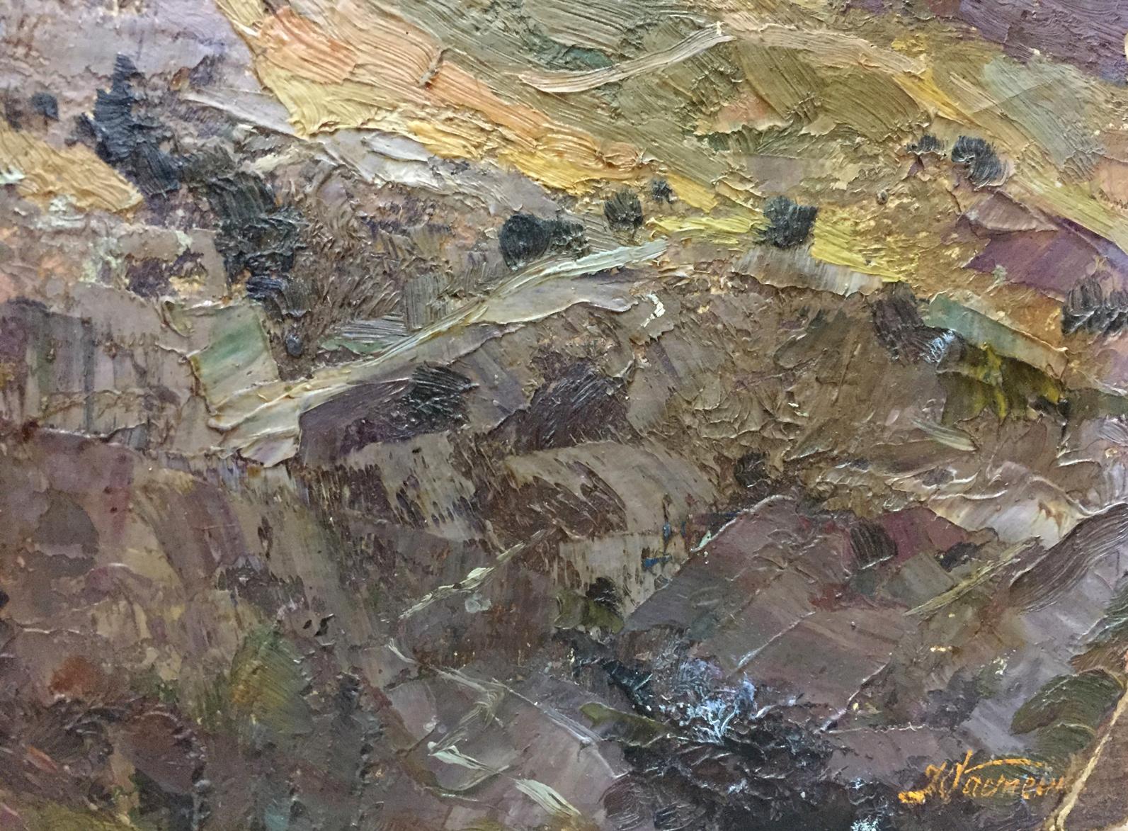 Textured impasto oil painting of double landscapes castle in earthy tones