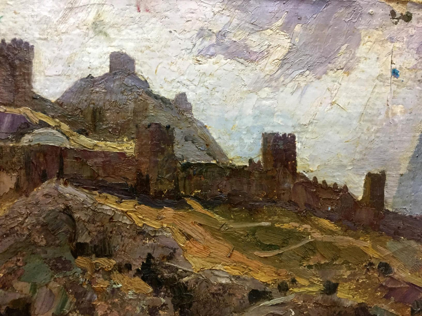 Double oil painting of impressionistic castle on hillside