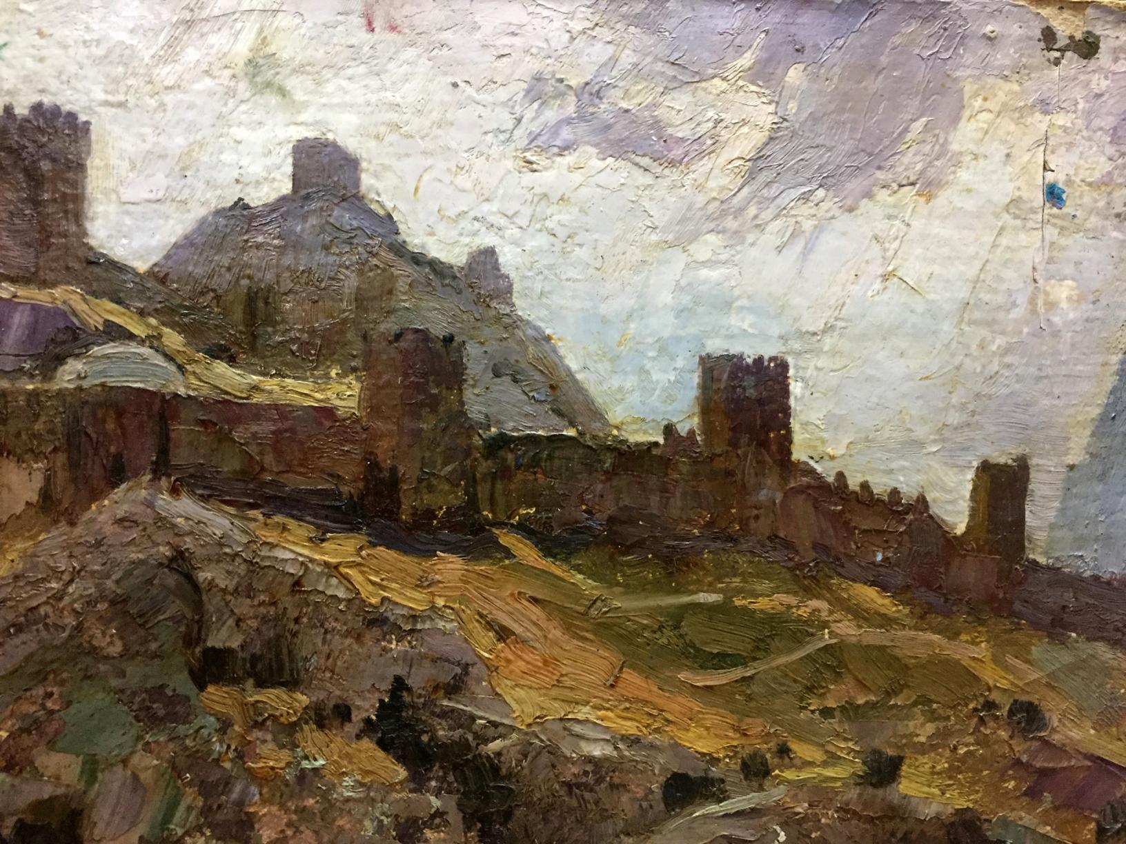 Double oil painting of impressionistic castle on hillside