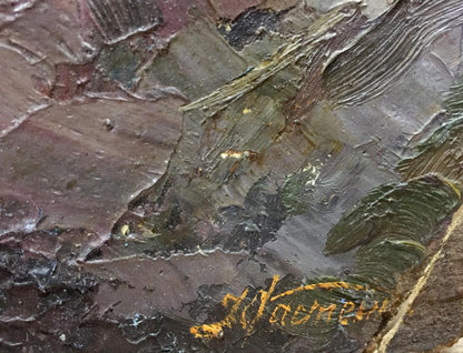 Thick impasto oil painting of double landscapes with castle in dark brown and green hues