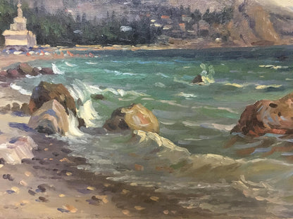 Oil painting by Ferber Victor Alexandrovich: turbulent turquoise waves on pebbled shore