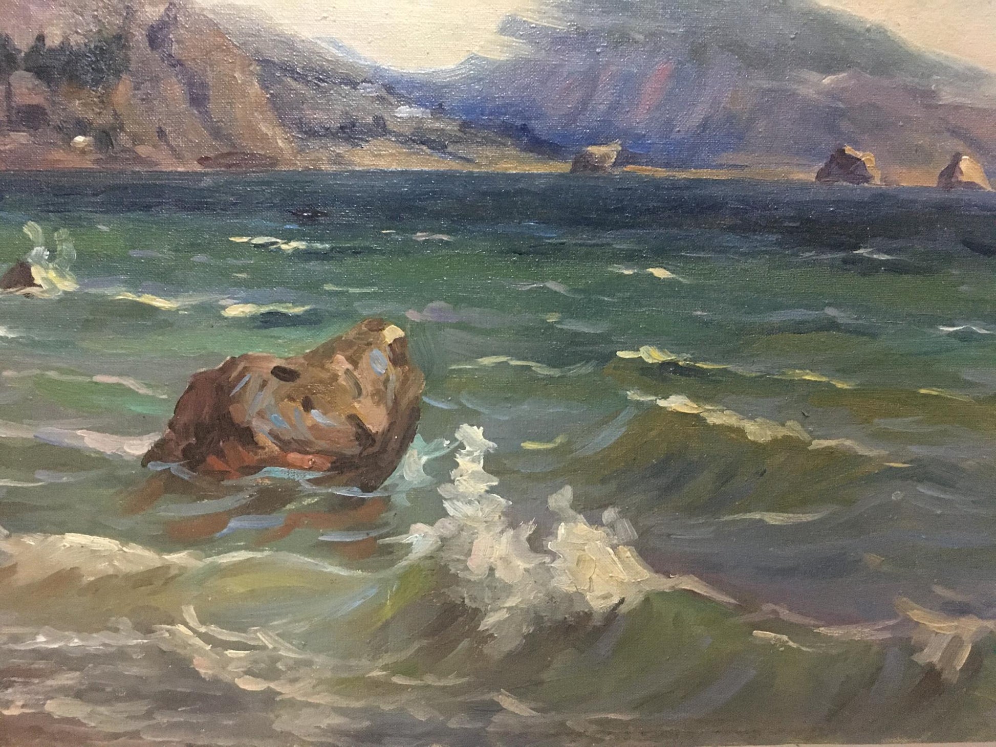 Oil painting by Ferber Victor Alexandrovich: textured rock in turbulent greenish-blue water