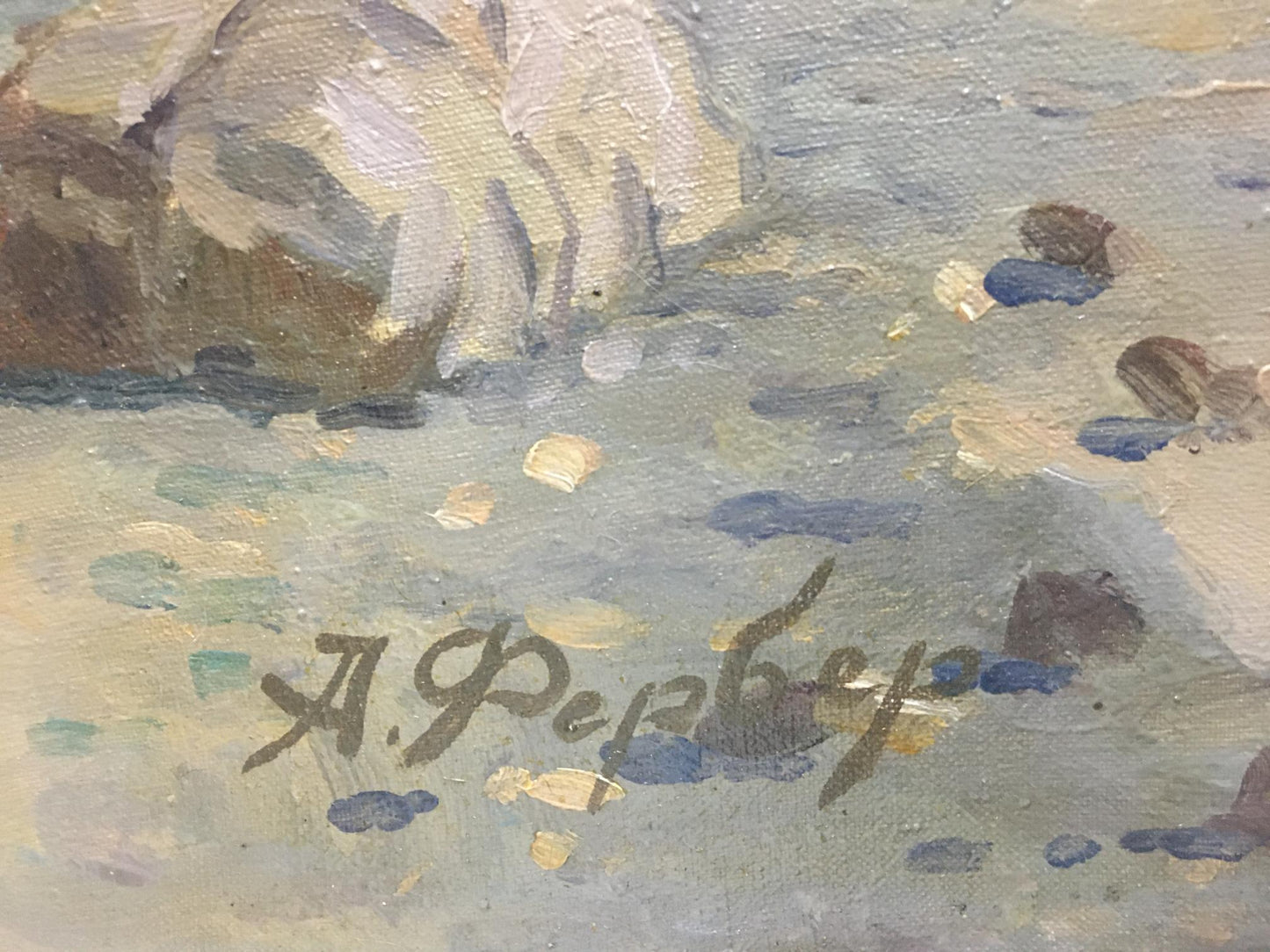 Oil painting by Ferber Victor Alexandrovich of rocky shoreline in muted blues and greys