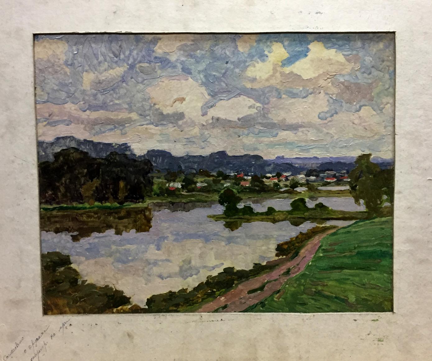 Framed impressionist oil painting by Korostelev Vladimir Alexandrovich with river hills village textured sky