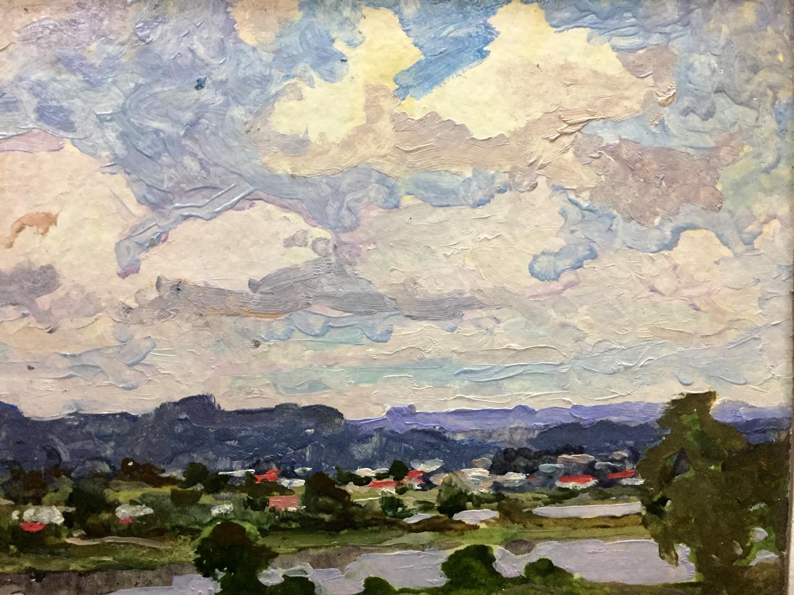 Oil painting by Korostelev Vladimir Alexandrovich: serene hills, houses, cloudy sky