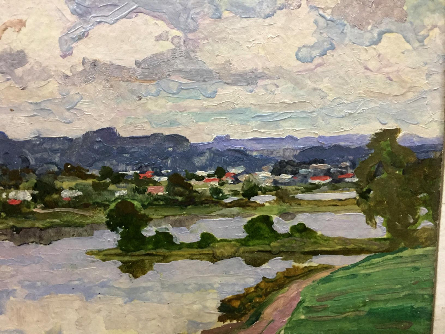 Oil painting by Korostelev Vladimir Alexandrovich: serene green hills, mountains, houses