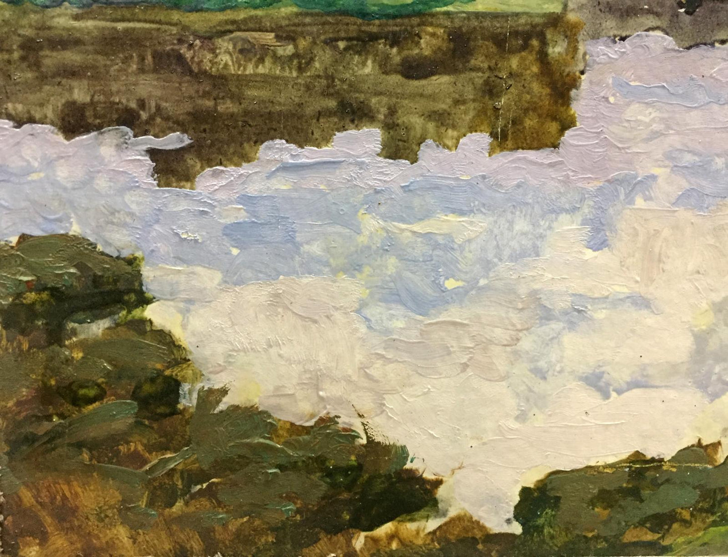 A textured oil painting depicting a landscape with thick, impasto brushstrokes of white and light blue clouds against earthy green and brown terrain.