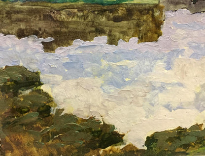 A textured oil painting depicting a landscape with thick, impasto brushstrokes of white and light blue clouds against earthy green and brown terrain.