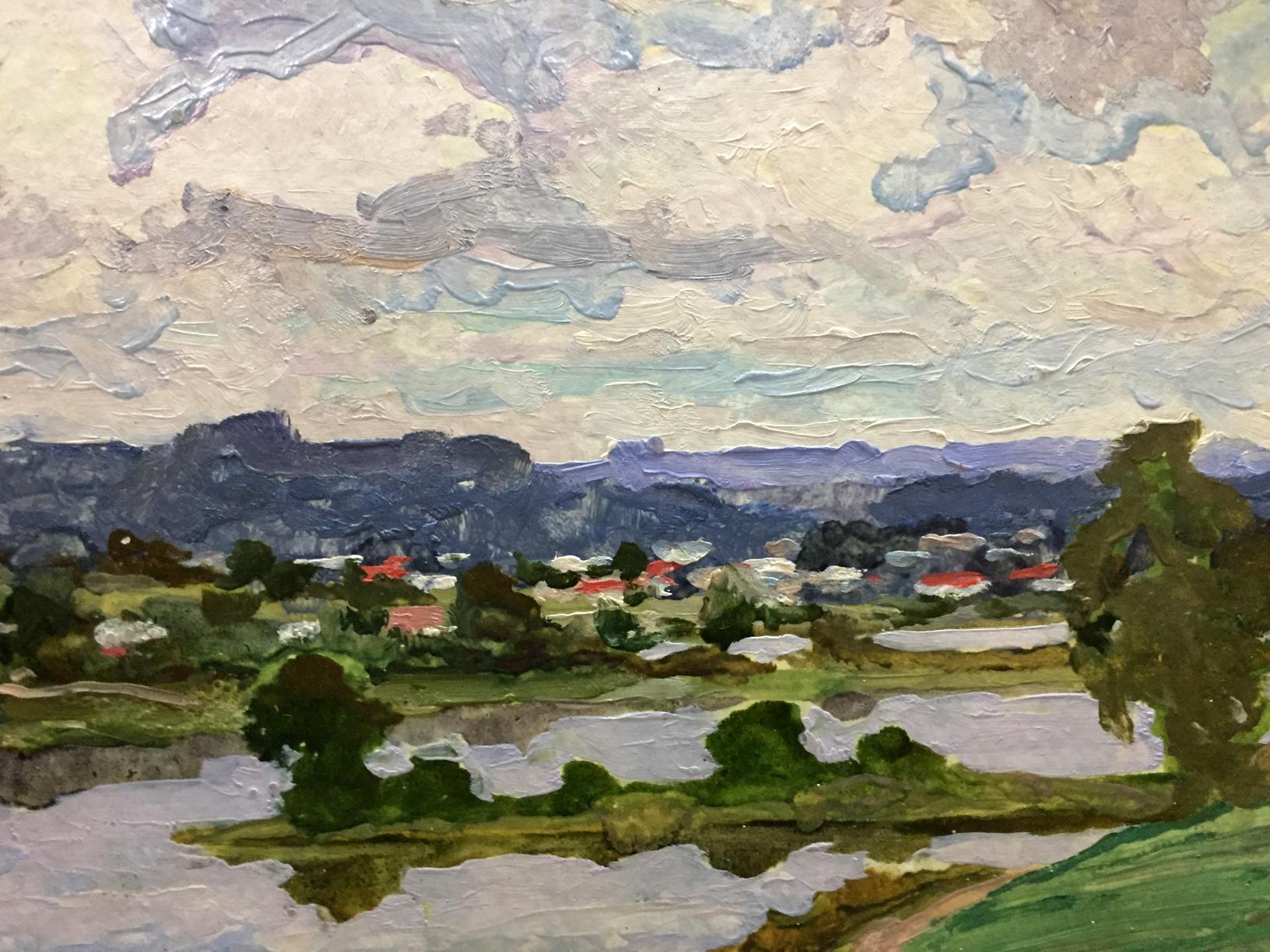 Impressionistic oil painting by Korostelev Vladimir Alexandrovich: rolling hills, village, river