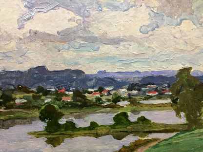 Impressionistic oil painting by Korostelev Vladimir Alexandrovich: rolling hills, village, river