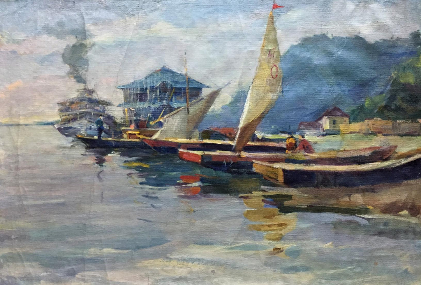 Vintage oil painting of boat port harbor with sailboats and buildings