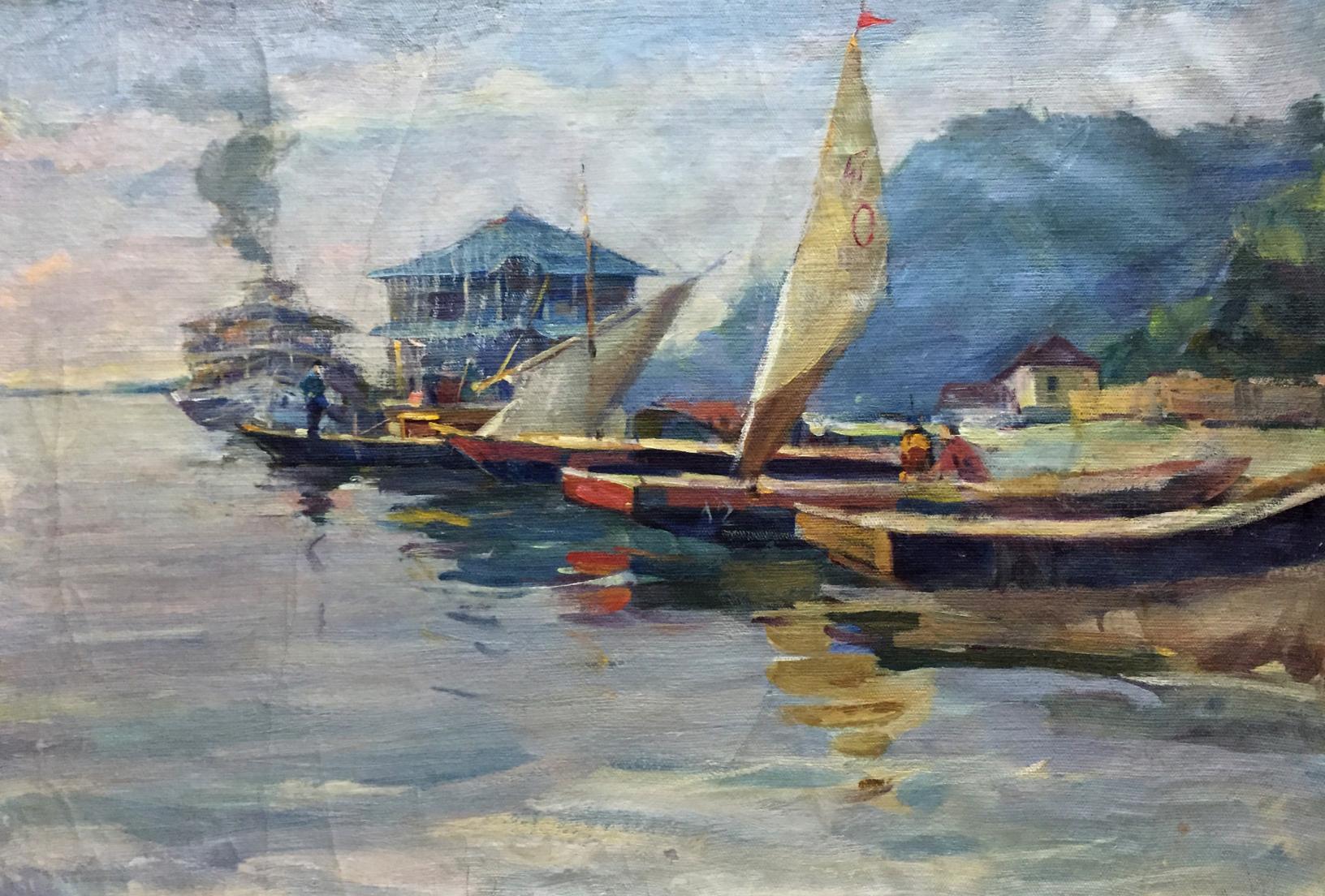Vintage oil painting of boat port harbor with sailboats and buildings