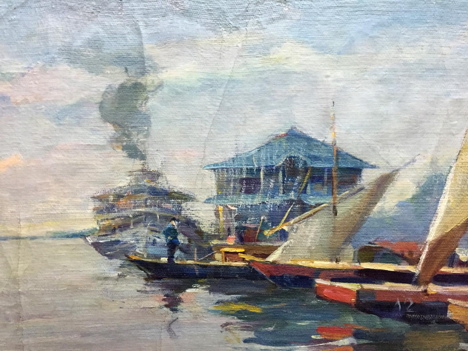 Vintage oil painting of boat port harbor with boats under cloudy sky