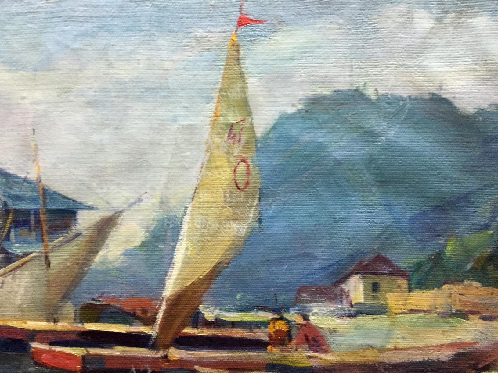 Impressionistic oil painting of boat port sail with red flag and emblem
