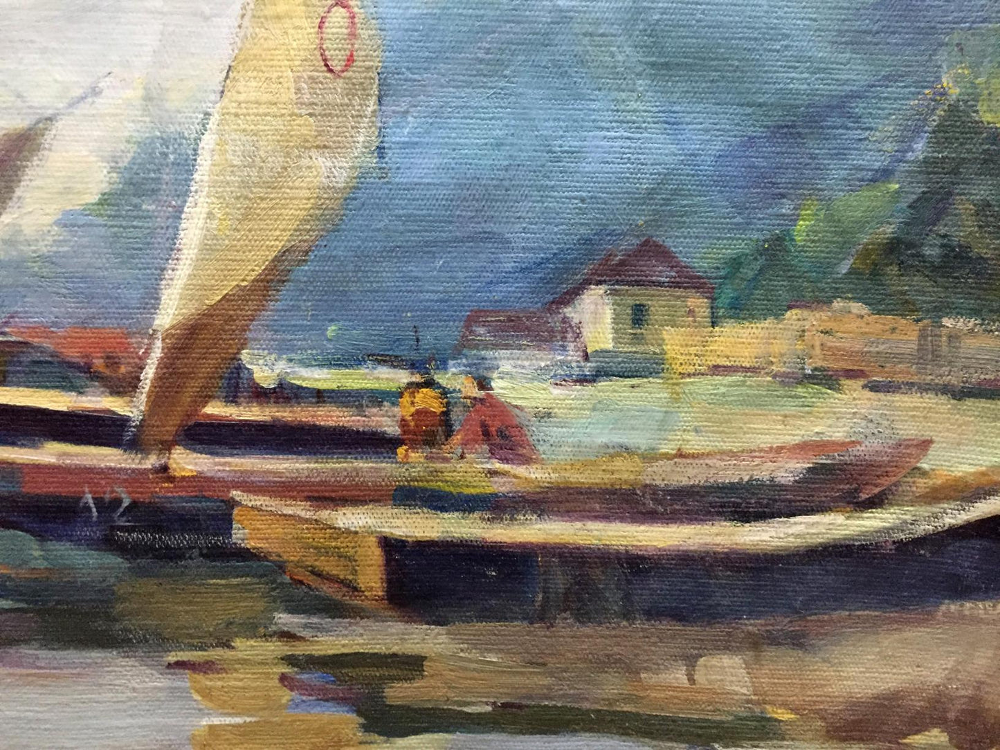 Textured oil painting of sailboat in boat port, cream sail, dark hull, moody blue sky
