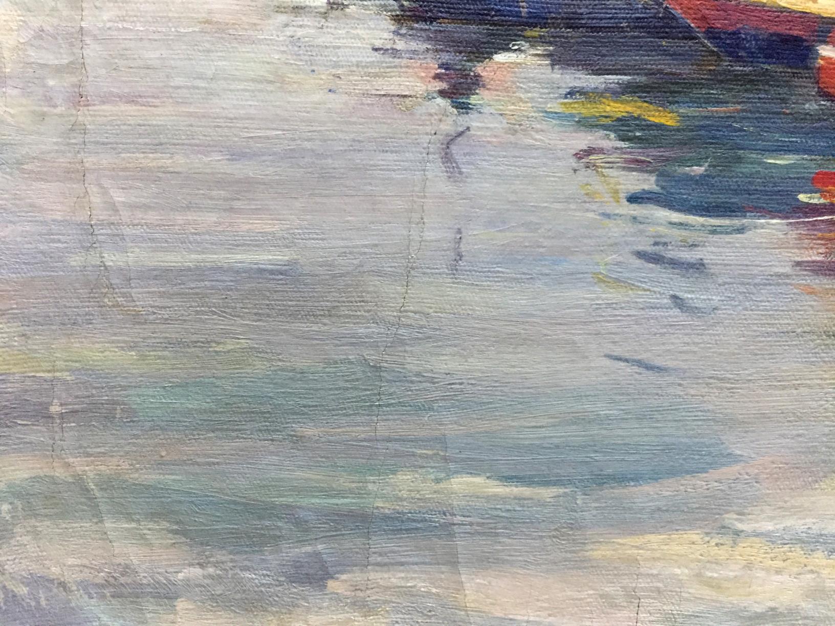 Textured impressionistic oil painting of boat port water in gray, blue, green