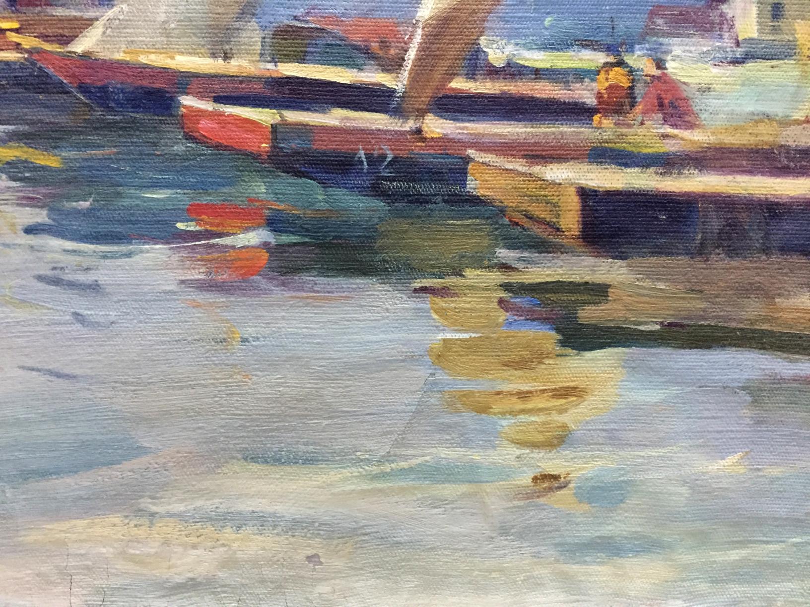 Vibrant impressionist oil painting of boats in harbor with textured brushstrokes