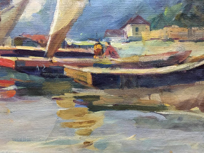 Oil painting Boat port: textured sailboat with red white sails in calm water