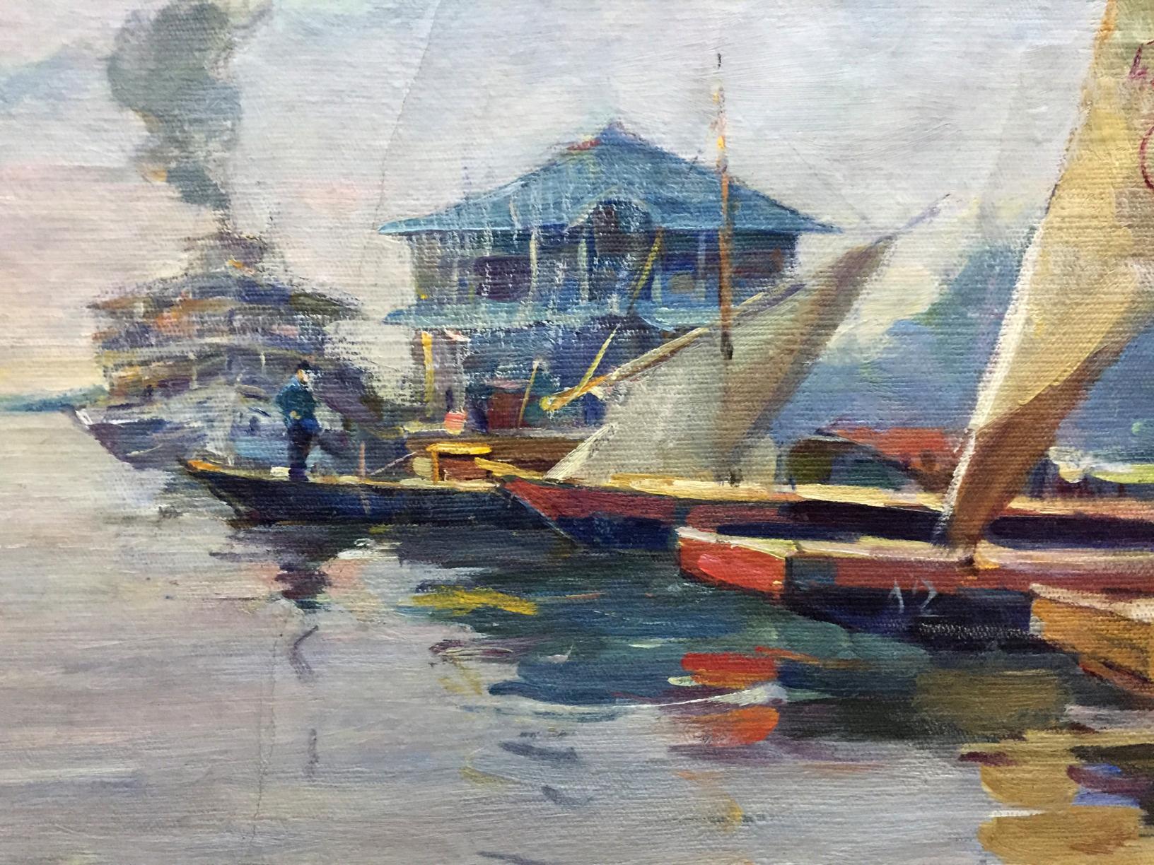 Vibrant impressionistic oil painting of boat port harbor with boats and buildings