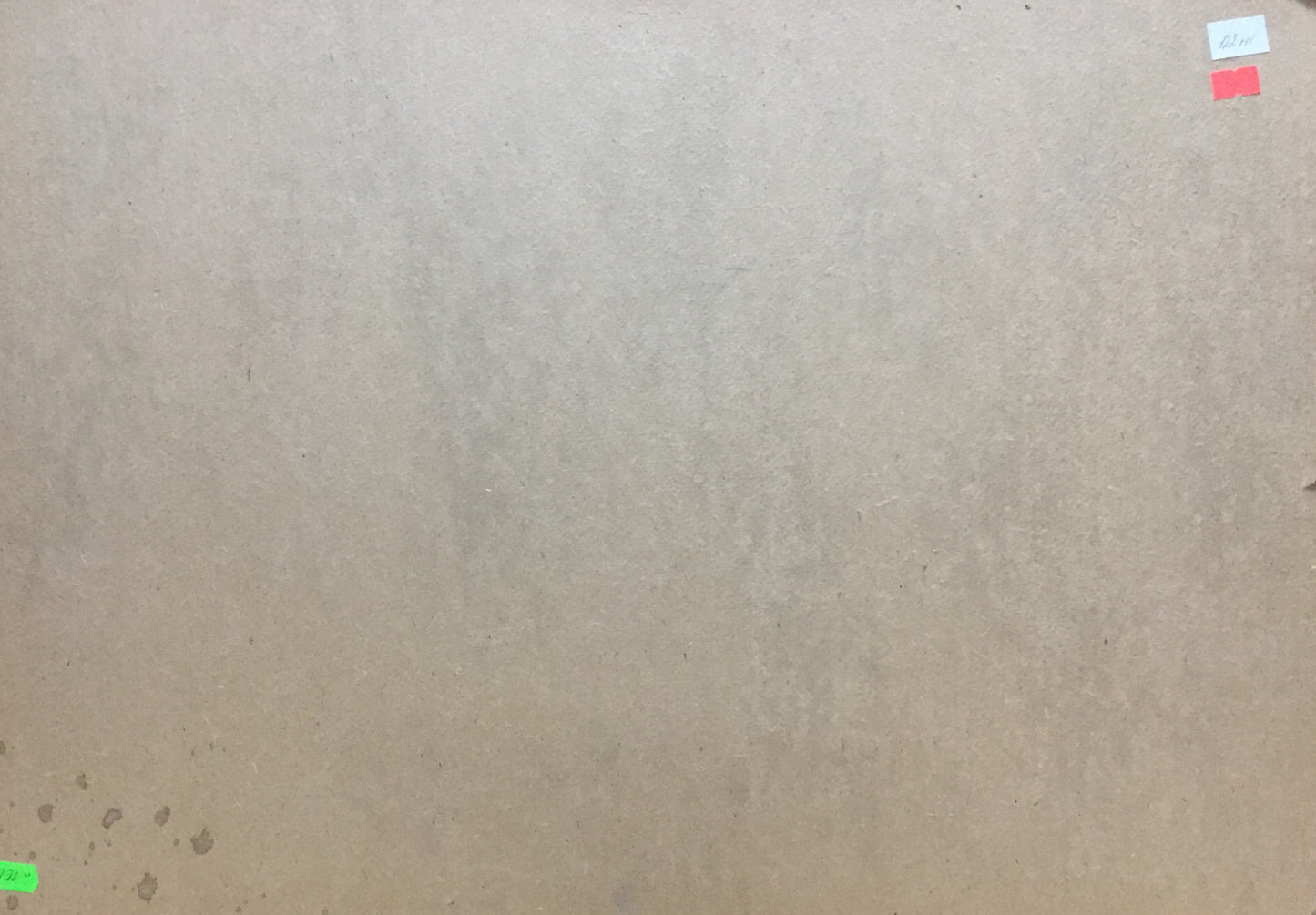 Back of oil painting Boat port on brown cardboard with stains and red sticker