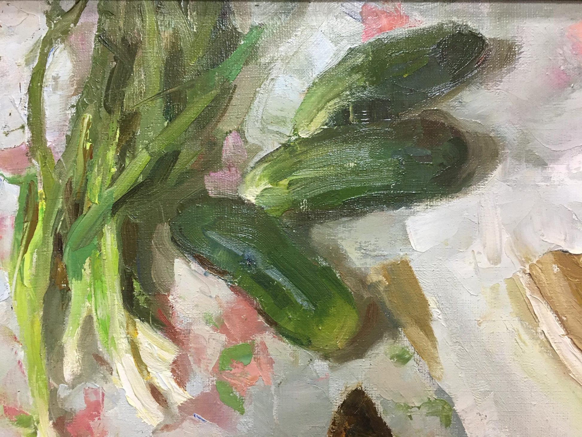 Oil painting of three green zucchinis by Smirnov Valentin Sergeevich